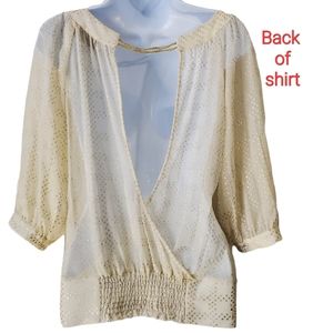 GUESS Party Boho Peasant Shirt Champaign Gold Scooping Neck Open Back Small